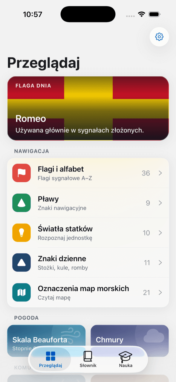 Zakładka Przeglądaj w Ahoy: flaga dnia oraz moduły nawigacji i pogody