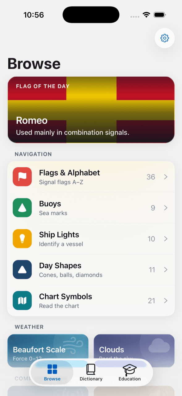 Ahoy's Browse tab: flag of the day plus the navigation and weather modules